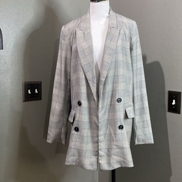 Rachel Zoe Plaid Oversized Blazer Jacket Grey Open Front - Picture 1 of 12